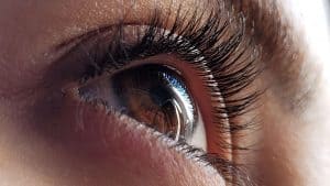 Close-up of a human eye with long, detailed eyelashes. The iris is brown, and there is a sharp reflection of light in the eye, highlighting its texture and depth. For expert attention to such detail, consider eye care services Suffolk County NY for top-notch treatment.